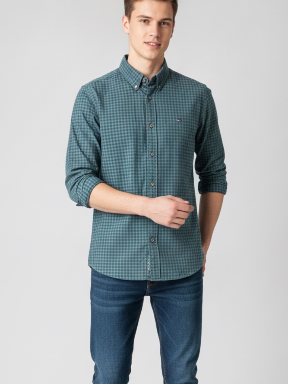 Vintage Tommy Hilfiger, blue and green slim stretch gingham shirt Med